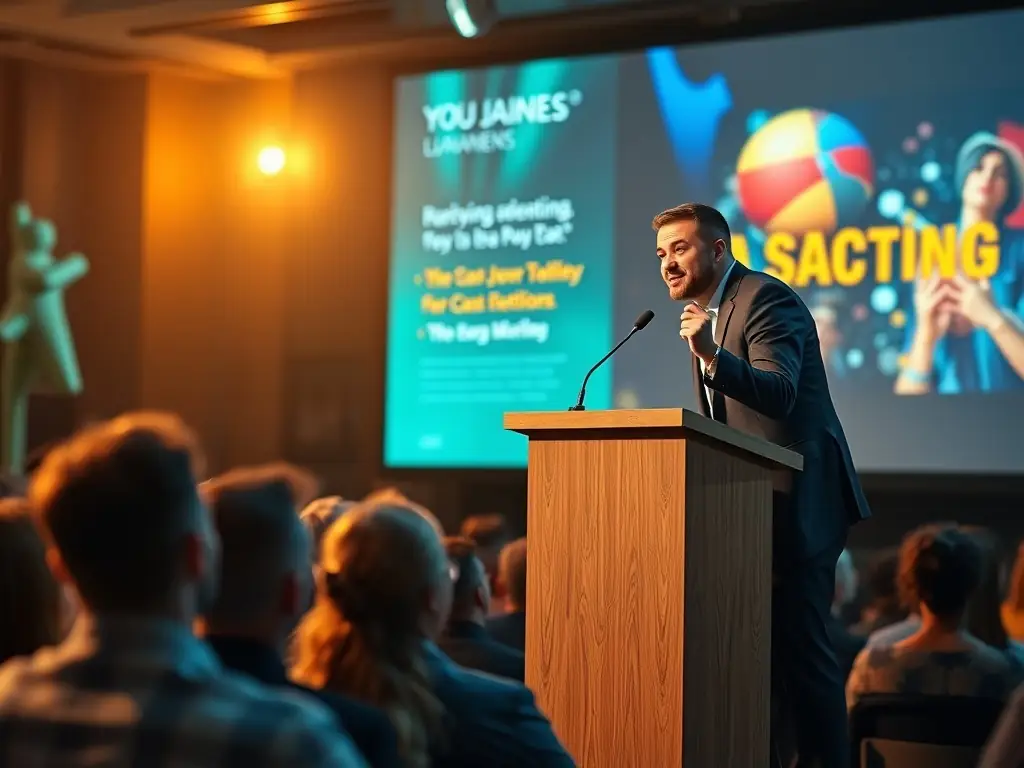 A dynamic photograph capturing a keynote speaker passionately addressing a large audience at the Startup Forum UK conference, with the company logo subtly displayed in the background.