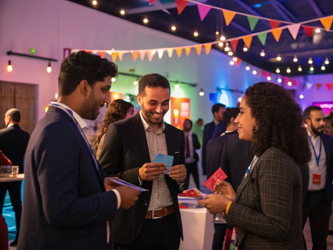 A photograph showcasing a bustling networking session at the Startup Forum UK, with attendees actively engaging in conversations and exchanging business cards.